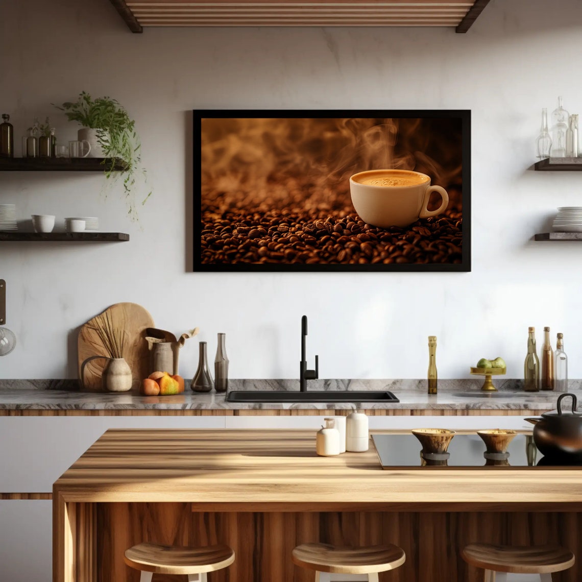 Steaming Hot Espresso Cup Resting On Roasted Coffee Beans Print - Image 4