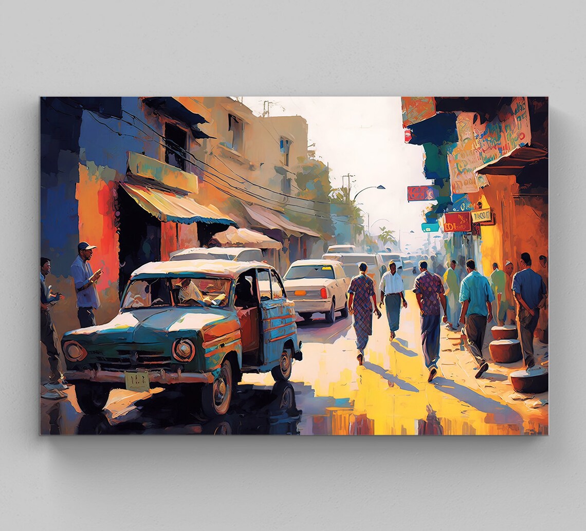 Lahore Pakistan Busy Street Vintage Blue Car Painting Poster