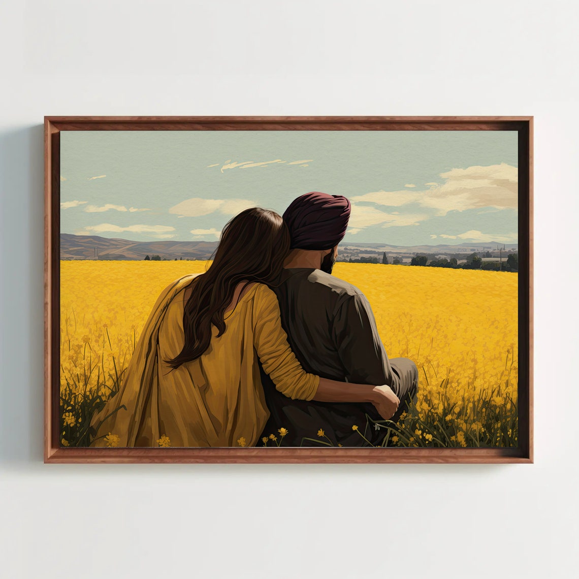 Punjabi Sikh Couple at Sarso Farm Yellow Mustard Field Art Print