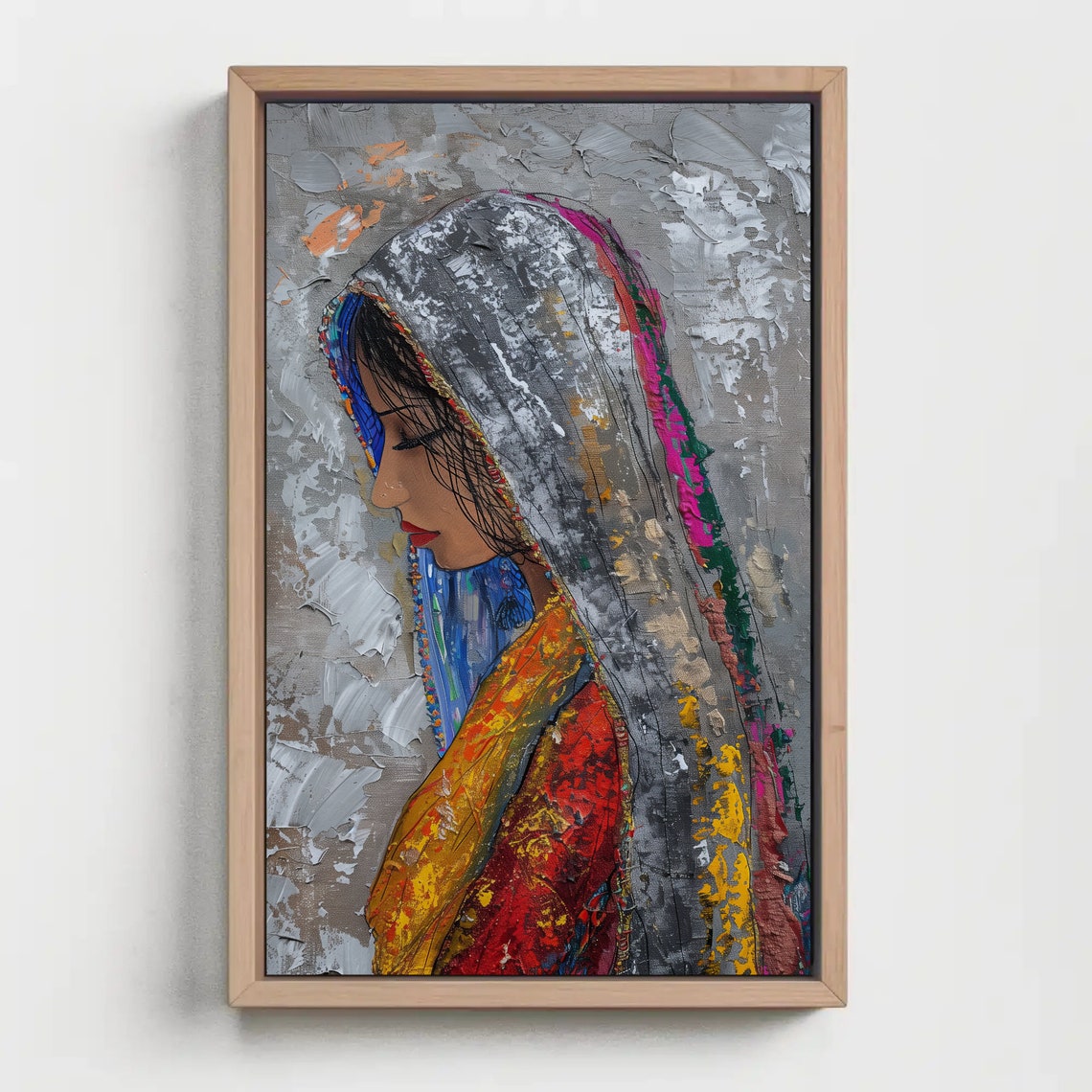 Veiled Woman Palette Knife Portrait Poster in Gray and Bright Colors - Image 2