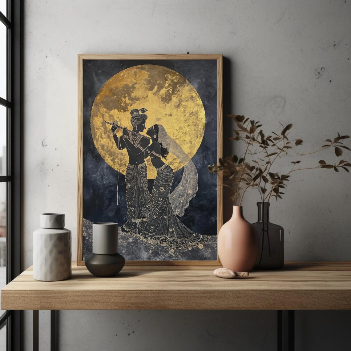 Radha Krishna Under Golden Moon Art Print - Image 2