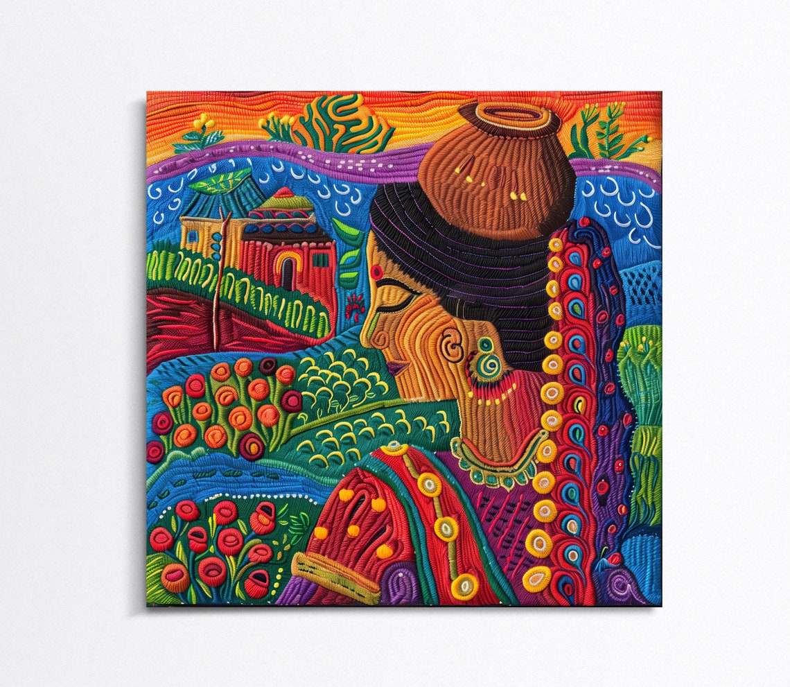 Indian Village Woman Embroidered Yarn Art Poster Water Pot on Head - Image 2