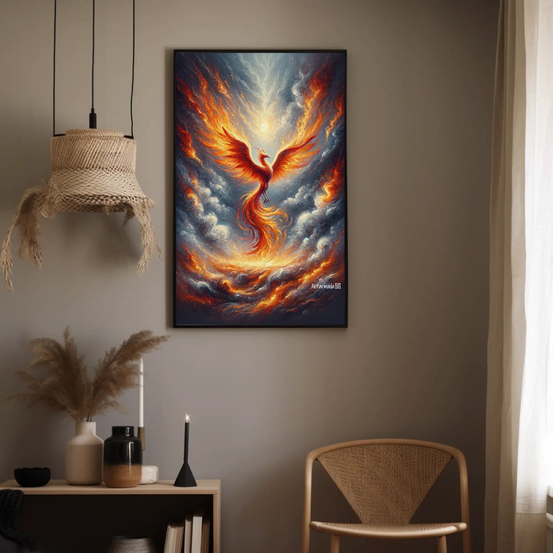 Flaming Phoenix Rising Through Storm Clouds Fantasy Art Poster - Image 3
