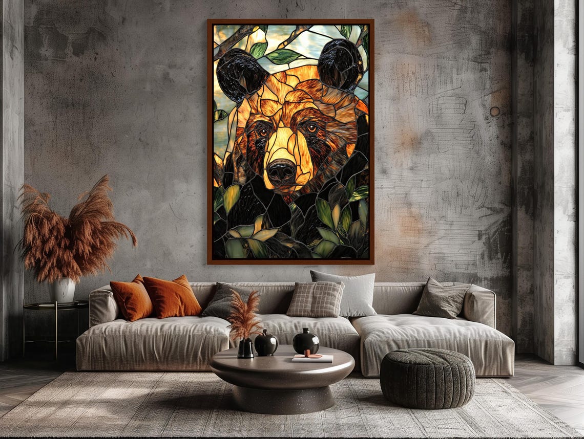 Stained Glass Brown Bear Wildlife Portrait Rustic Nature Poster - Image 2