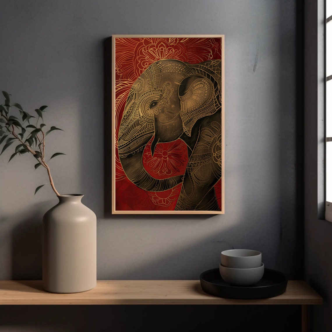 Indian Royal Elephant Gold Mandala on Red Spiritual Wall Poster - Image 4