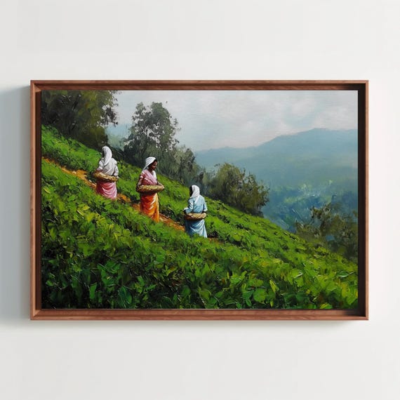 Kerala Tea Plantation Painting Print Women Working In Tea Fields South Indian Landscape Wall Art Indian Cultural Decor