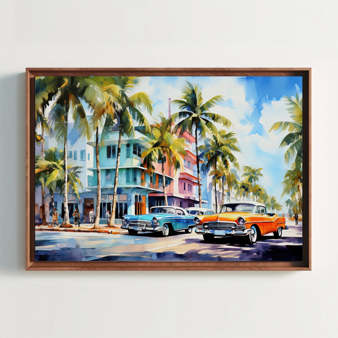Miami Art Deco Street Watercolor With Classic Cars Scene Poster
