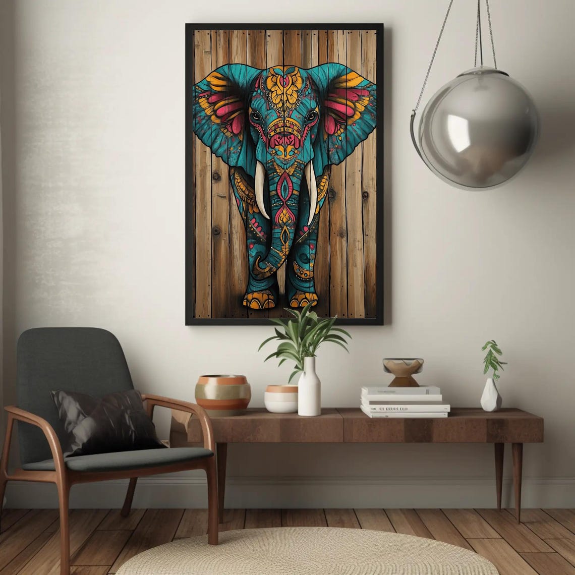 Colorful Mandala Elephant Portrait on Rustic Wood Planks Art Poster - Image 4