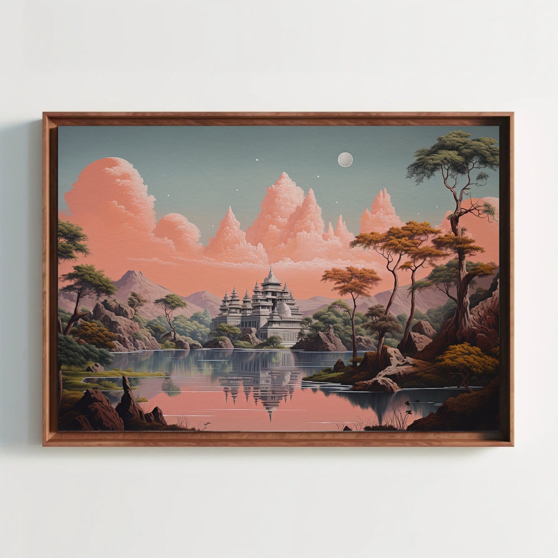 Indian Temple Fantasy Landscape Pink Sunset Lake Reflection Poster