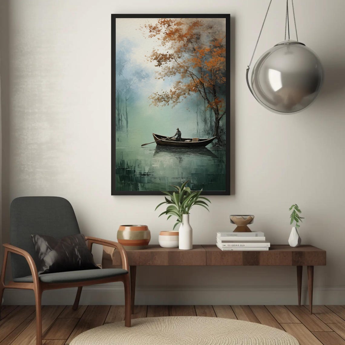 Lone Fisherman Rowing On Misty Autumn Lake Painting Art Poster - Image 4