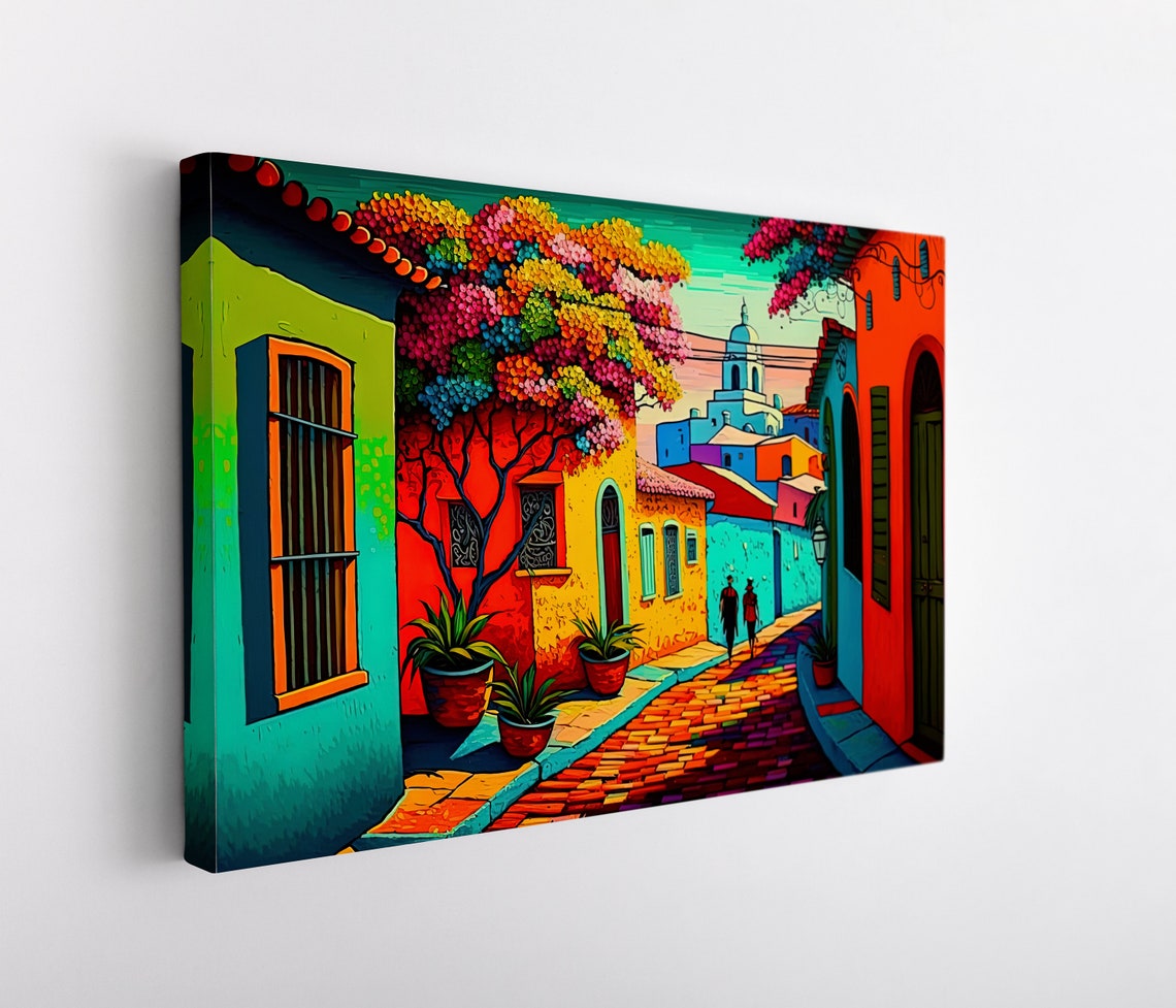 Mexican Colonial Town Cobblestone Street Flowering Tree Art Poster - Image 4