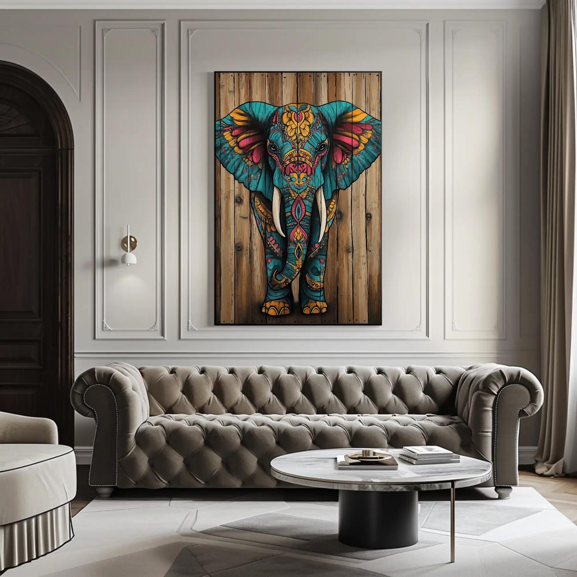 Colorful Mandala Elephant Portrait on Rustic Wood Planks Art Poster - Image 3