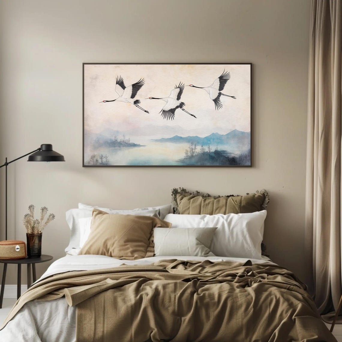Three Cranes Soaring Over A Misty Lake Ink Wash Painting Poster - Image 2