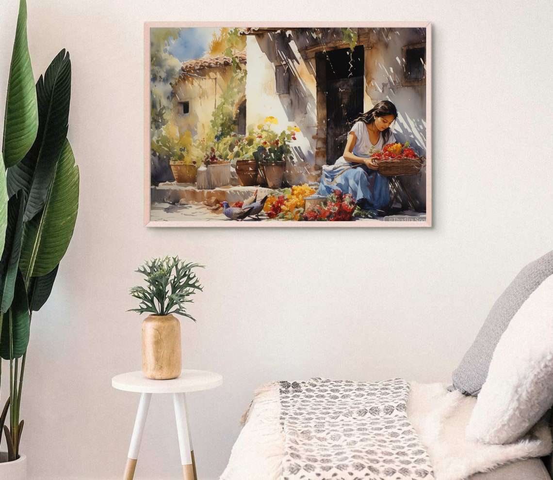 Mexican Flower Vendor Woman in a Sunlit Courtyard Watercolour Poster - Image 4