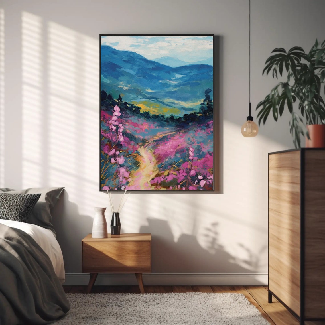 Pink Blossom Valley Trail Blue Mountain Wildflower Scene Poster - Image 4