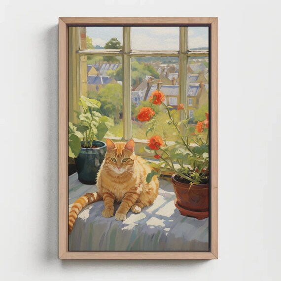 Orange Tabby Cat Relaxing on a Sunny Windowsill Among Plants Poster