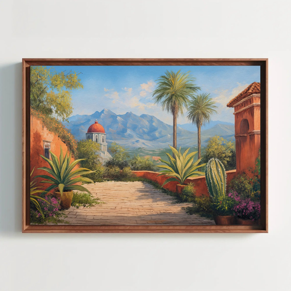 Mexican Courtyard with Palms and Church Dome Landscape Poster