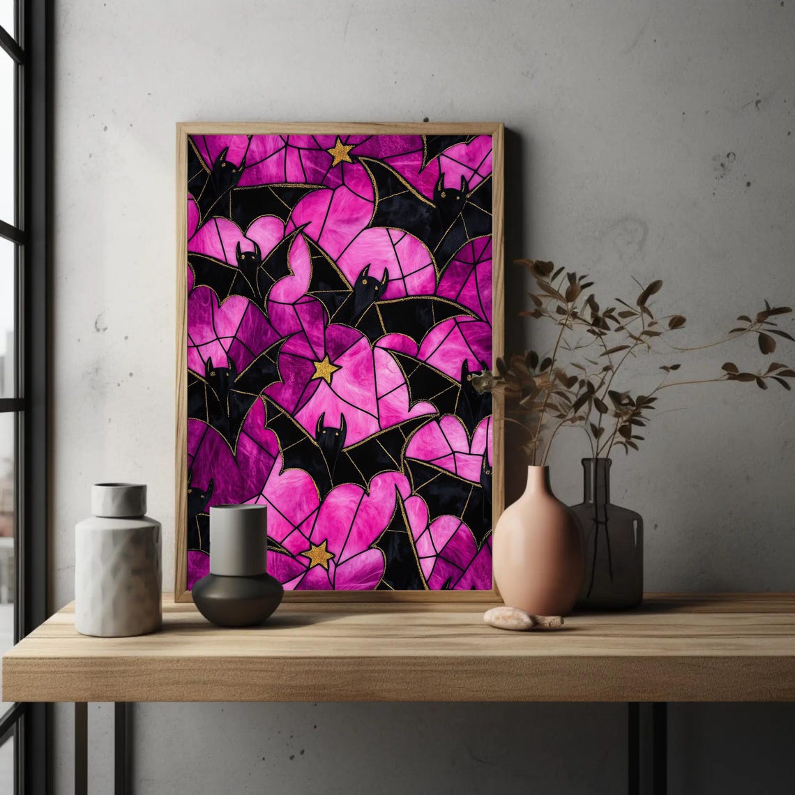 Pink Stained Glass Bats With Gold Stars Halloween Gothic Poster - Image 2