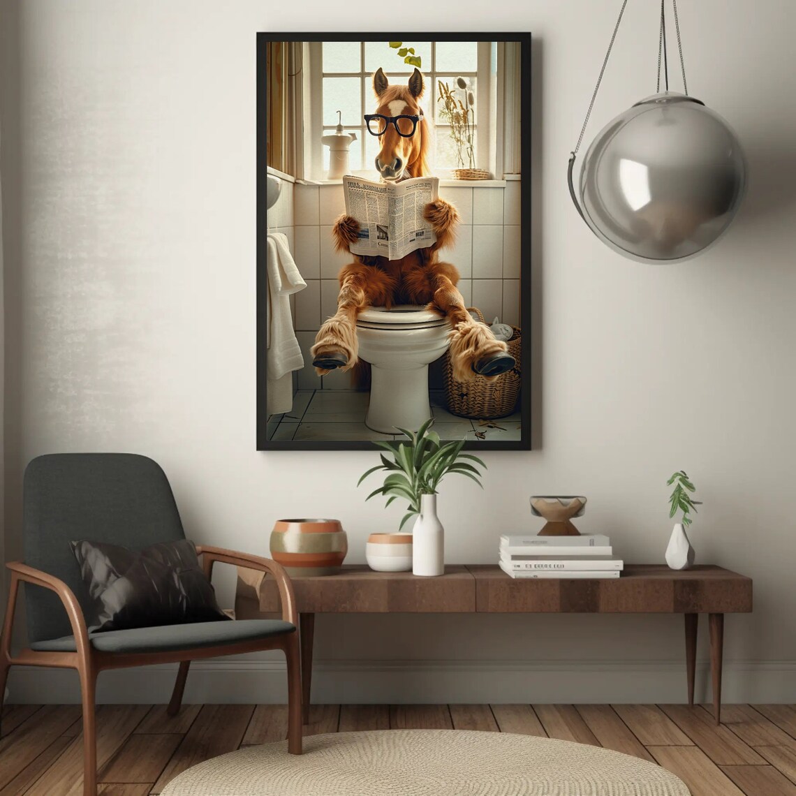 Horse in Glasses Reading Newspaper on Toilet Funny Bathroom Poster - Image 2