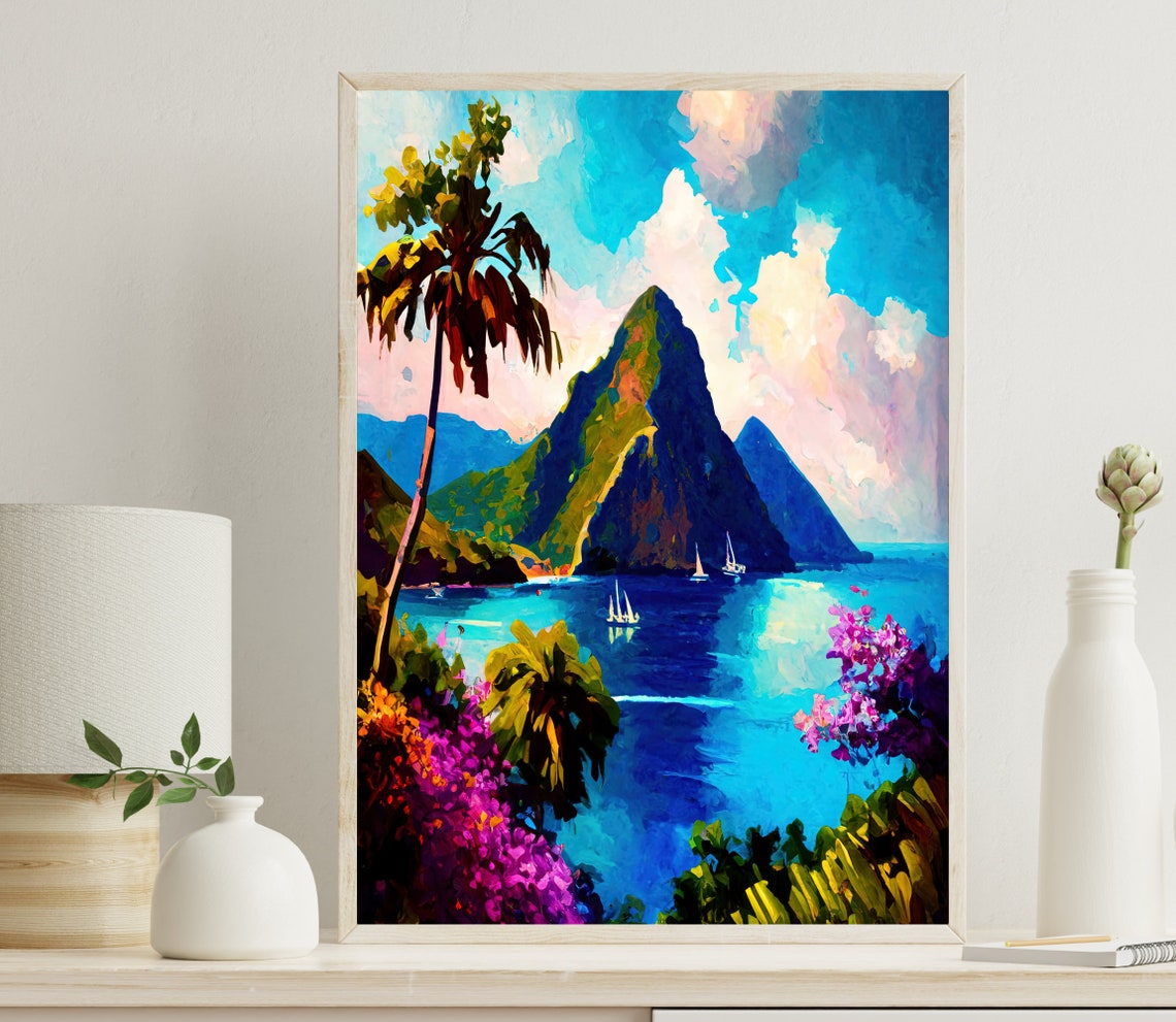 Saint Lucia Pitons Tropical Bay Sailboats Caribbean Travel Poster