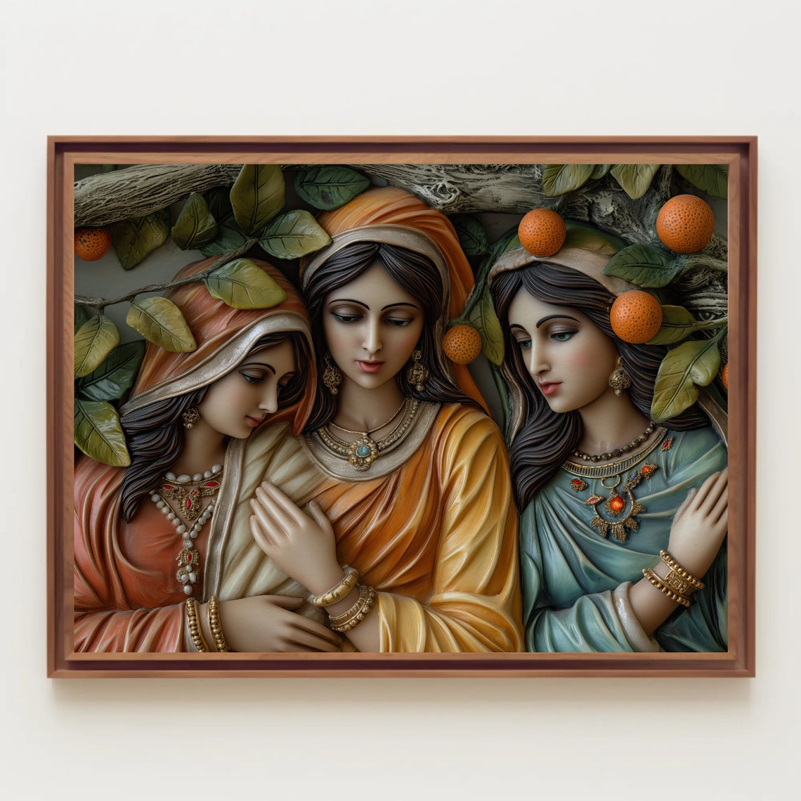 Three Indian Sisters Orange Tree Traditional Dress Relief Poster