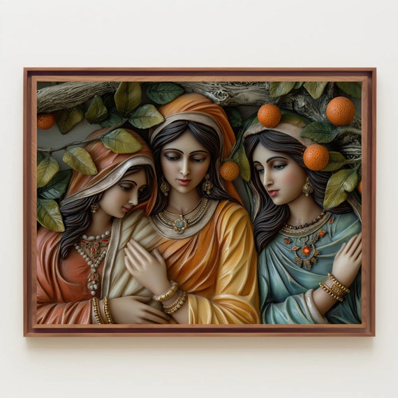 Three Indian Sisters Under An Orange Tree In Traditional Dress Indian Culture Wall Decor 3d Illusion Print Large Art South Indian Art