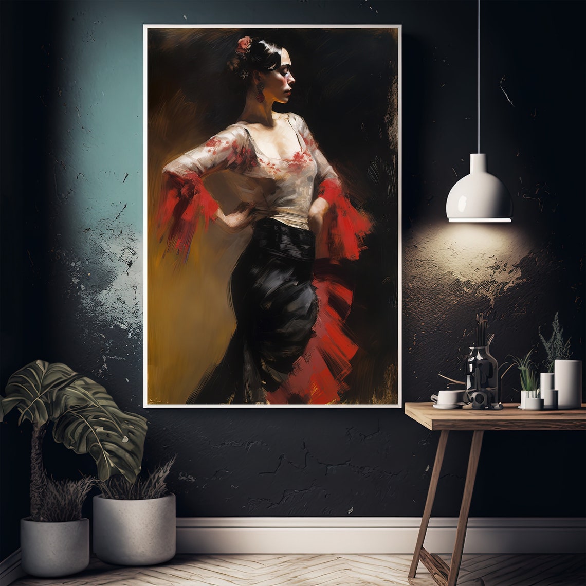 Spanish Flamenco Dancer Red Shawl Dramatic Oil Painting Poster - Image 5