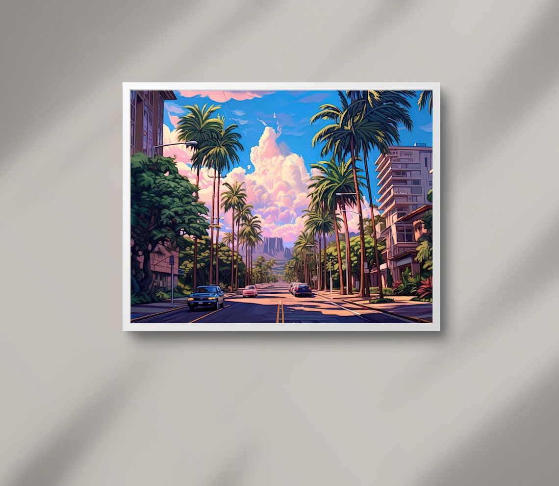 Honolulu Palm-Lined Boulevard Under Pastel Morning Clouds Poster - Image 2