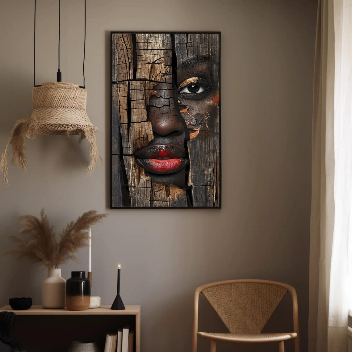 African Woman Face Emerging From Cracked Wooden Boards Poster - Image 3