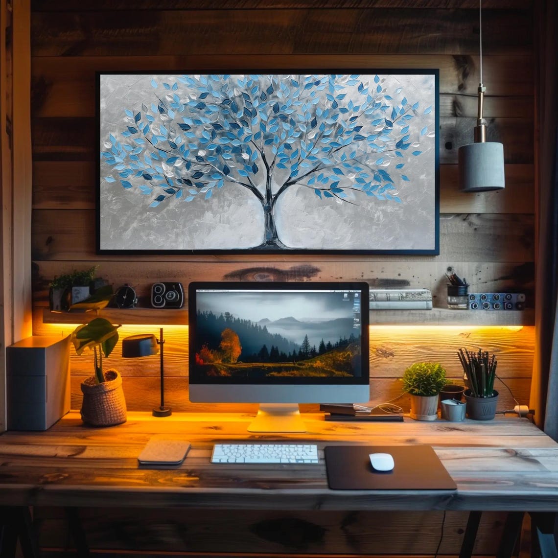 Blue Tree of Life Shimmering Leaves Silver Background Panoramic Poster - Image 2