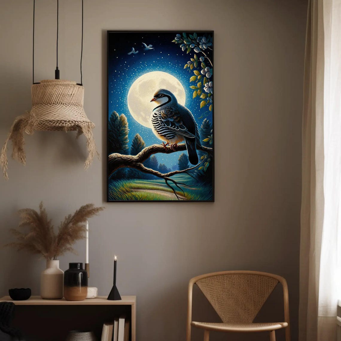 Partridge Perched On Branch Beneath Full Moon Night Sky Poster - Image 2