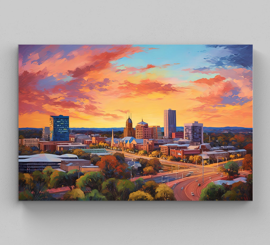 Adelaide Australia City Skyline Glowing at Sunset Art Poster