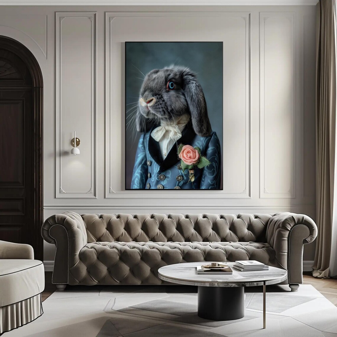 Gray Holland Lop Rabbit in Blue Victorian Suit with Rose Portrait Poster - Image 3
