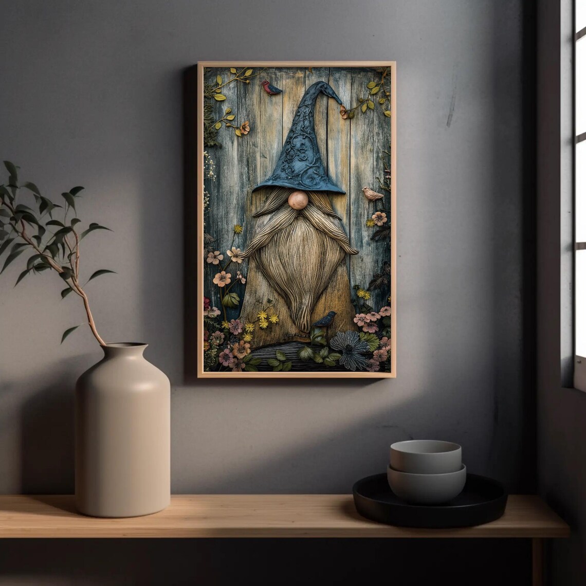 Gnome With Wooden Fence and Flowers, Wall Art Print - Image 2
