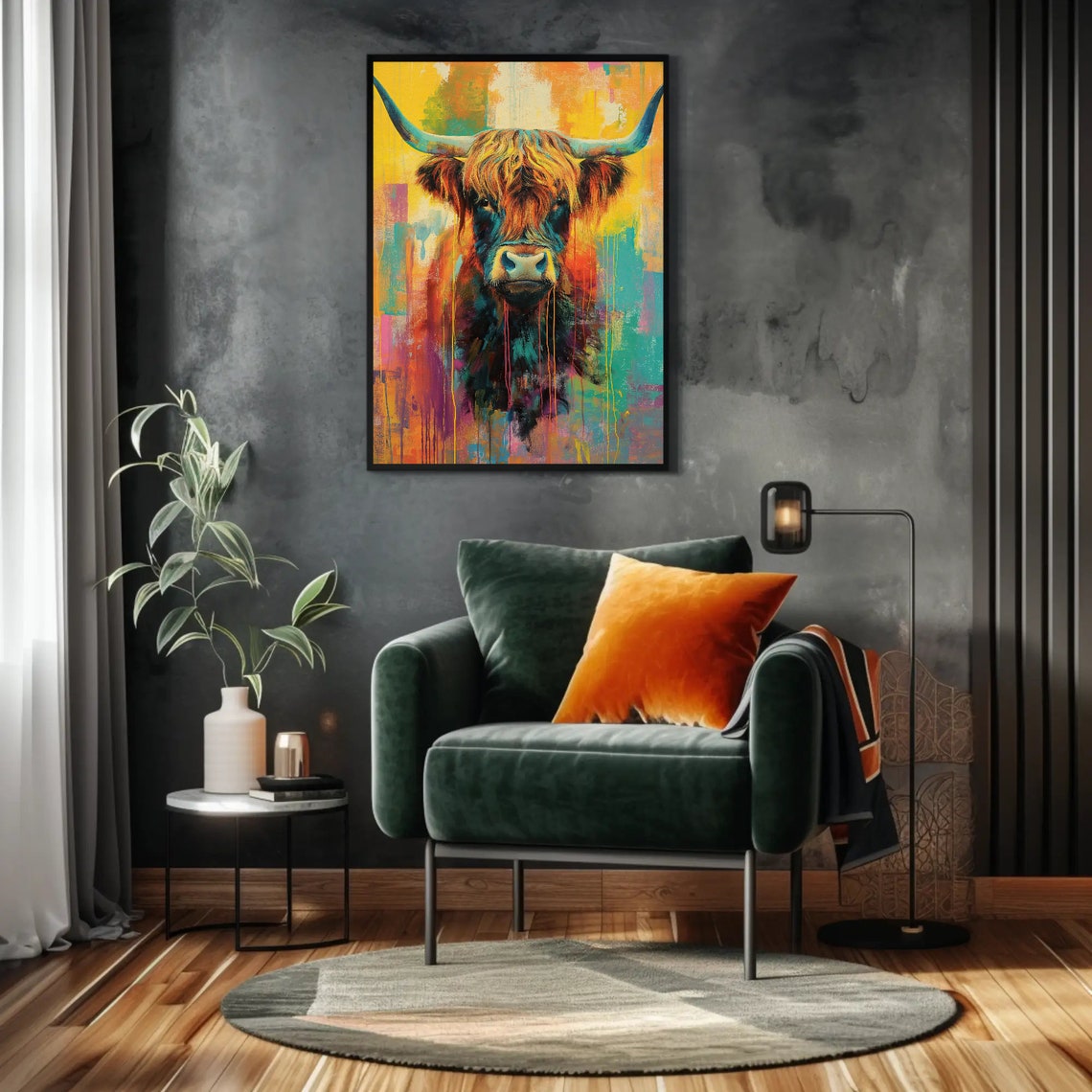 Colorful Highland Cow Portrait Poster With Paint Drip Style Art - Image 4