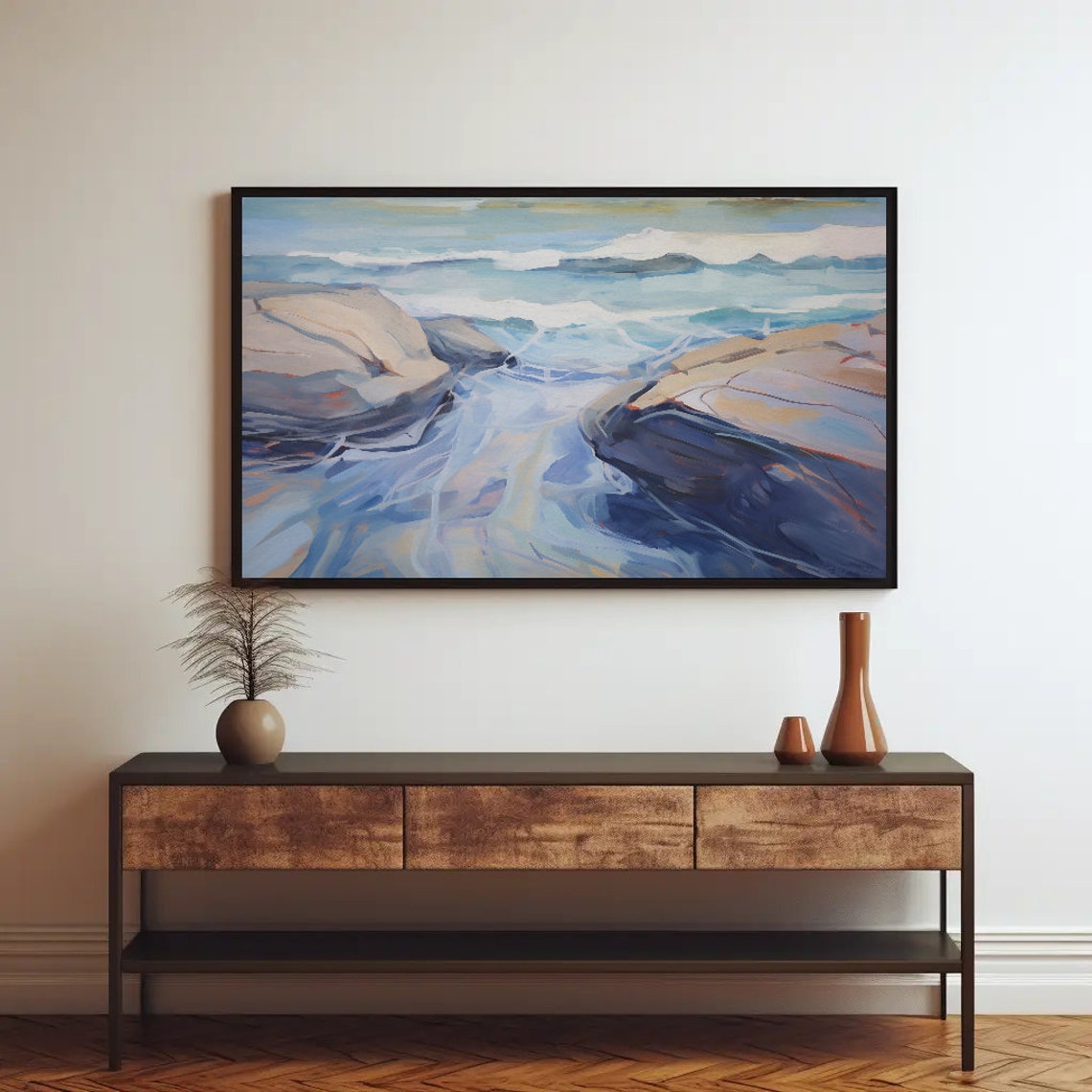 Abstract Coastal Rocks with Rhythmic Blue Ocean Waves Poster - Image 2
