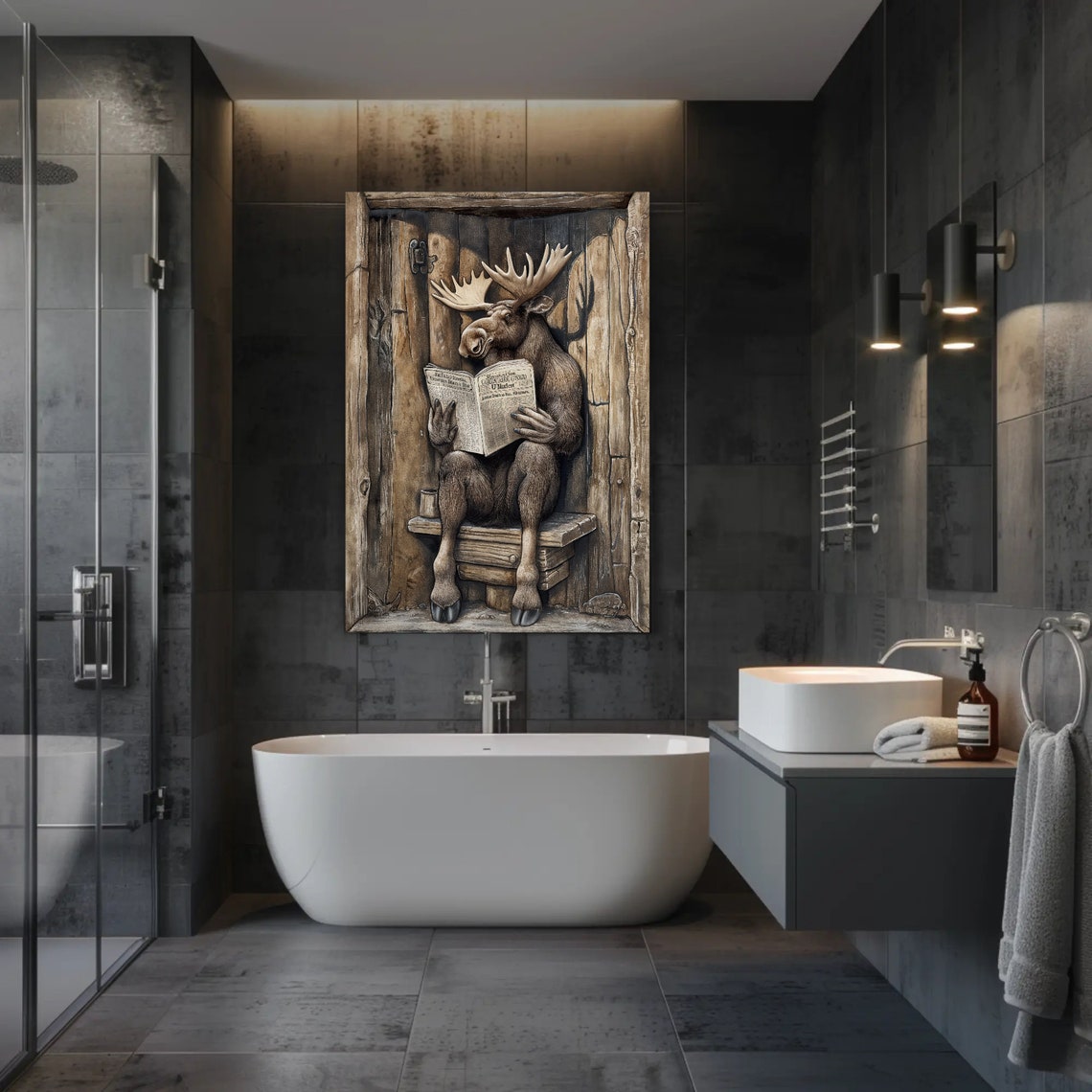Moose Reading Newspaper on Outhouse Funny Rustic Bathroom Poster - Image 5