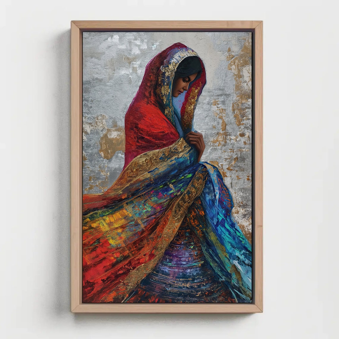 Indian Woman in Red Sari Impasto Painting Ethnic Wall Poster - Image 5