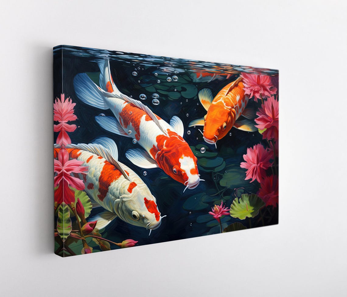 Koi Fish Pond With Lotus Blossoms Detailed Oil Painting Poster - Image 4