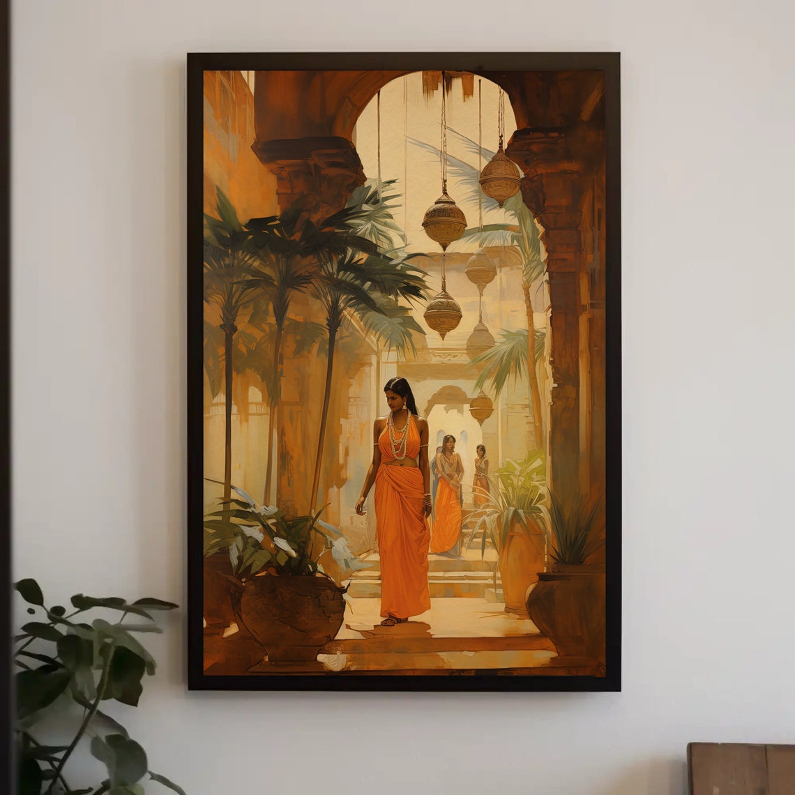 Indian Palace Courtyard with Lanterns and Orange Sari Poster