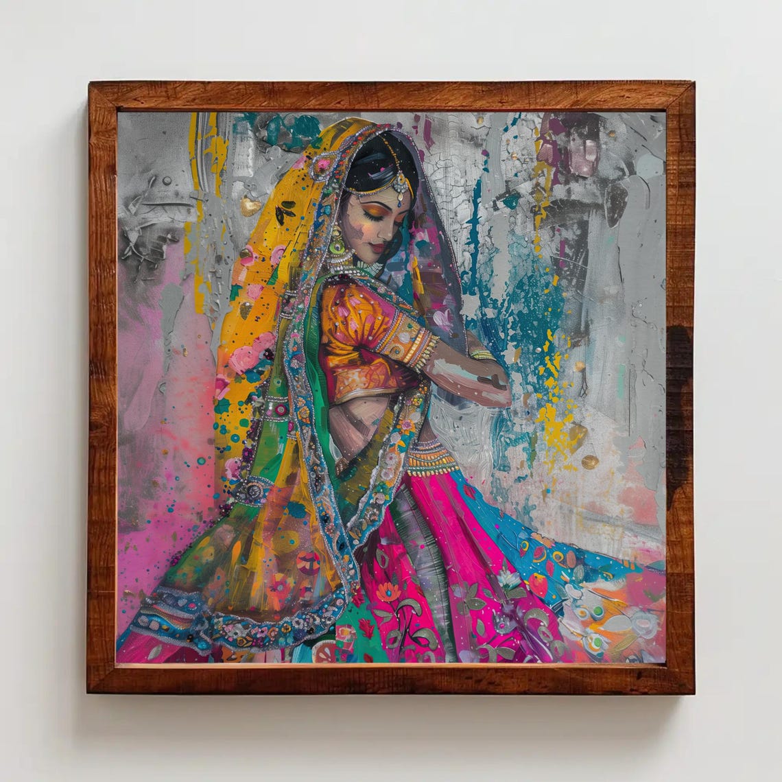 Indian Woman Vibrant Colorful Sari Expressive Square Abstract Poster - Image 2