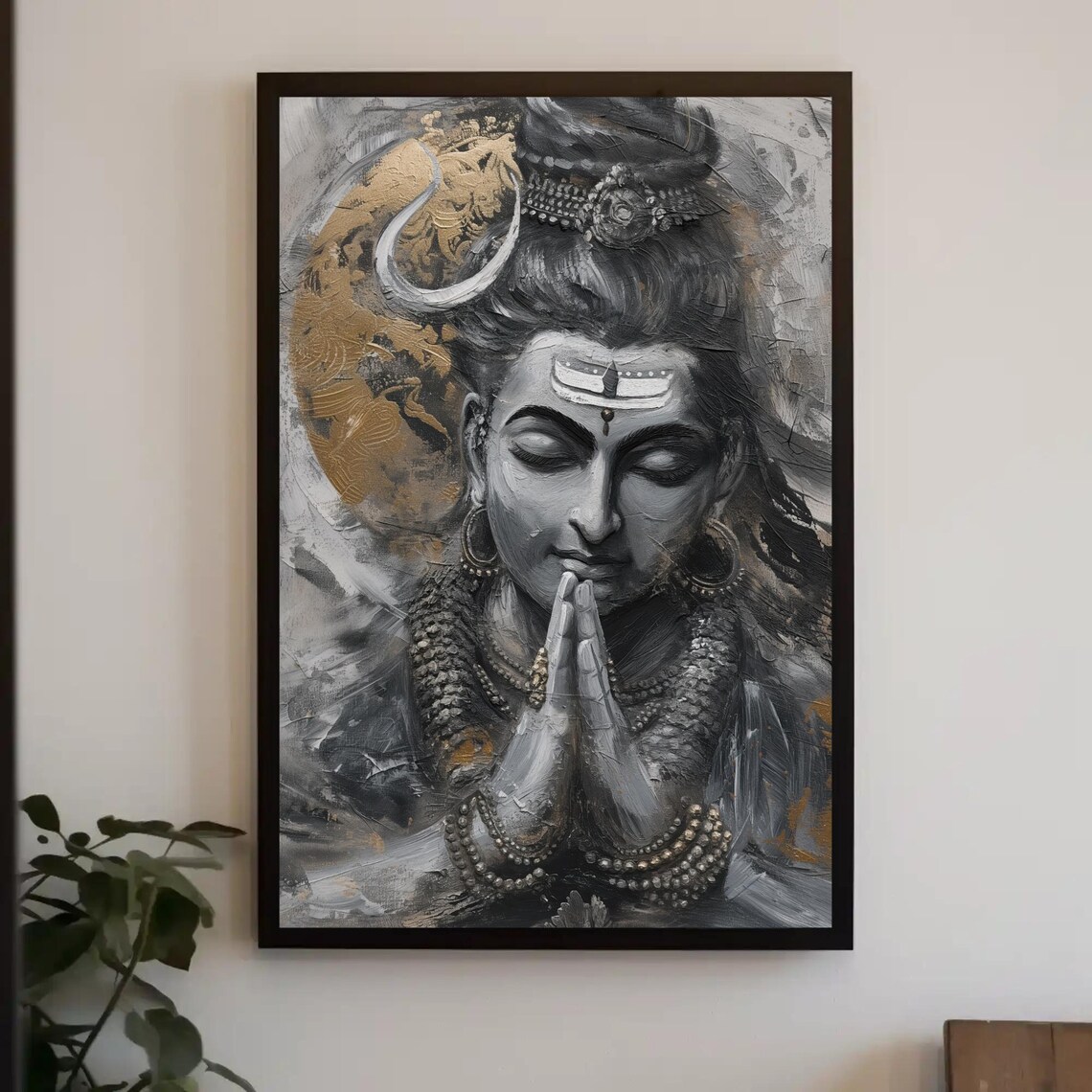 Praying Lord Shiva Hindu God Gray and Gold Spiritual Wall Poster