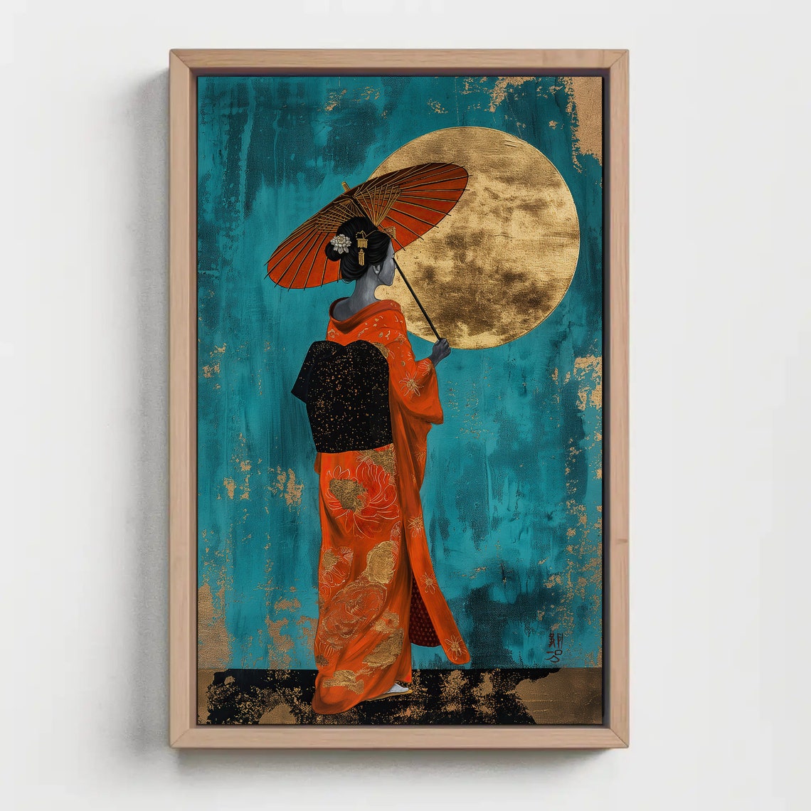 Geisha With Red Parasol Under Golden Moon Japanese Art Poster - Image 5