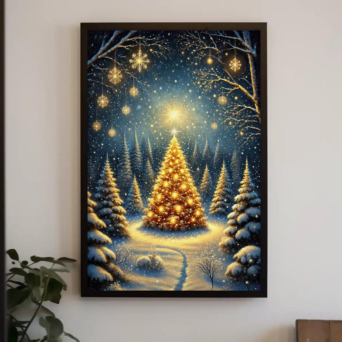 Glowing Golden Christmas Tree Sparkling In Snowy Night Forest Poster