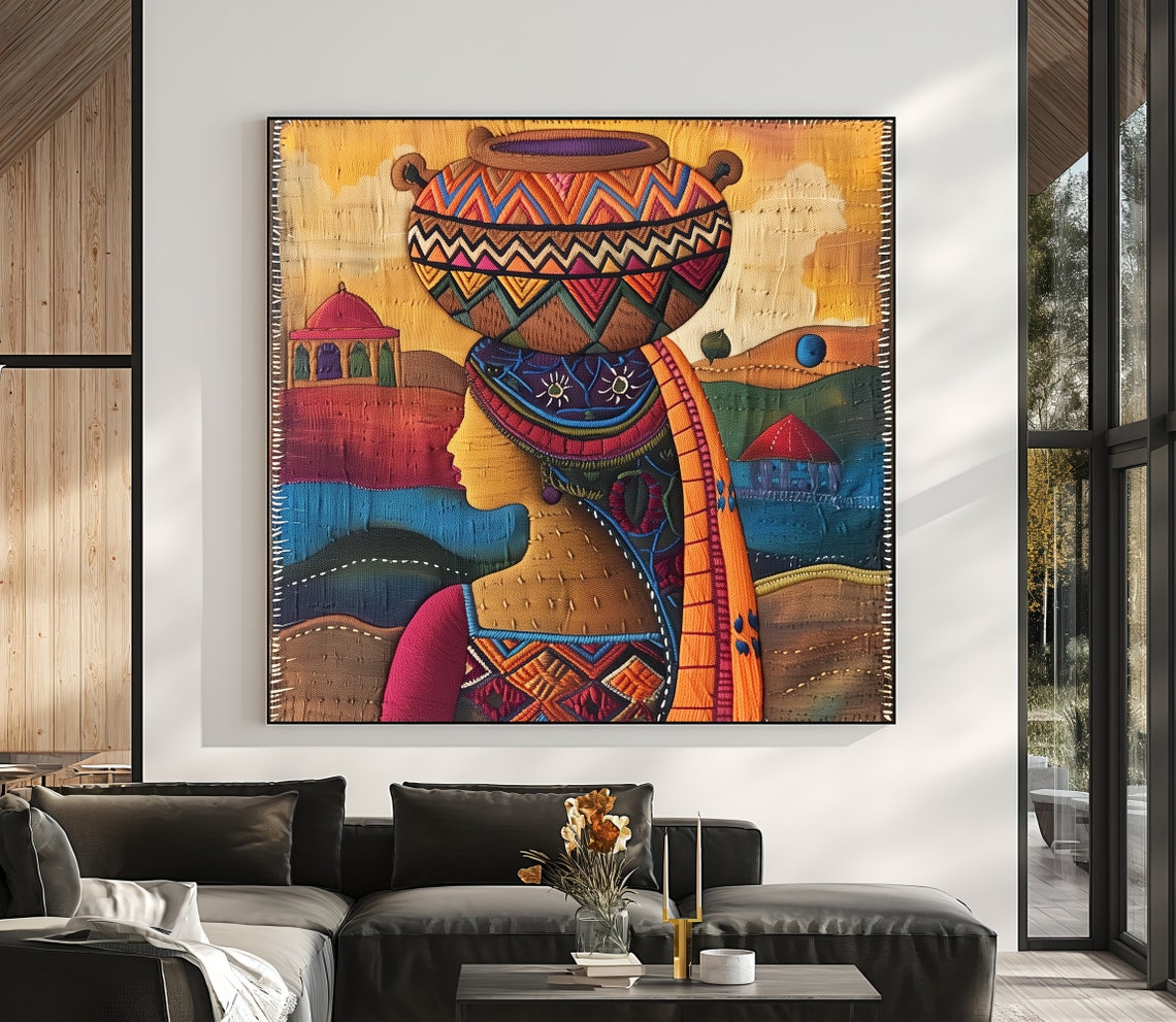 Indian Woman Carrying Water Pot Textile Art Poster Embroidery Style - Image 5