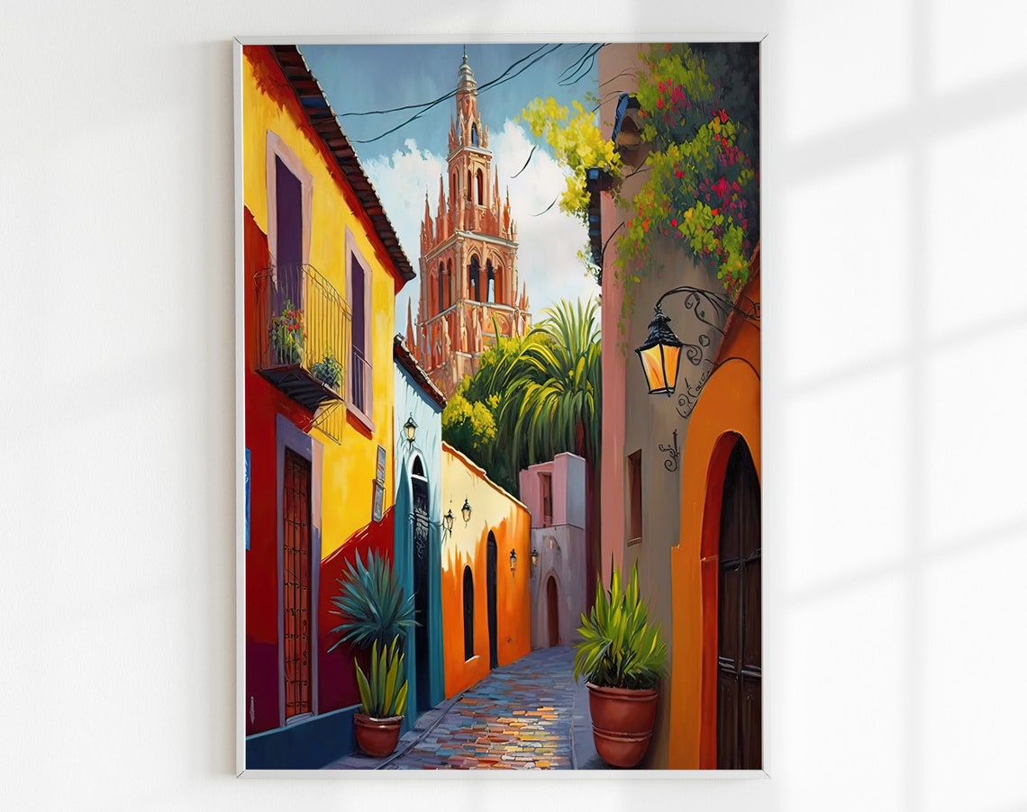 Church Street In San Miguel De Allende Guanajuato Mexico Oil Painting Mexican Art Ideal For Home Decor And Gifts - Image 3