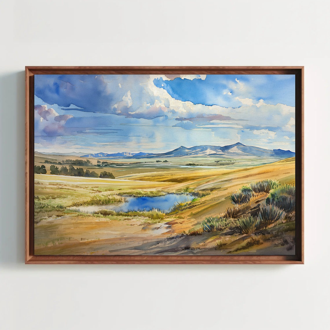 Wyoming Prairie Pond Under Big Sky Landscape Watercolor Poster