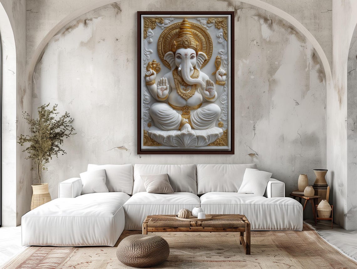 White Marble Ganesha with Golden Ornaments 3D Statue Art Poster - Image 2