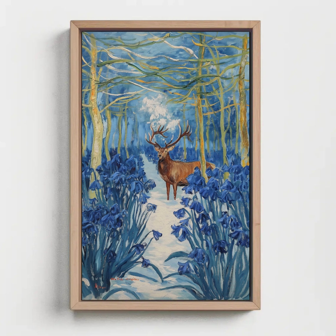 Stag Deer In Blue Snowy Forest Winter Woodland Oil Painting Poster - Image 5