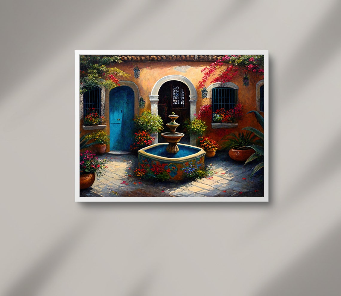 Mexican Courtyard Fountain Blue Door Bougainvillea Garden Art Poster - Image 2